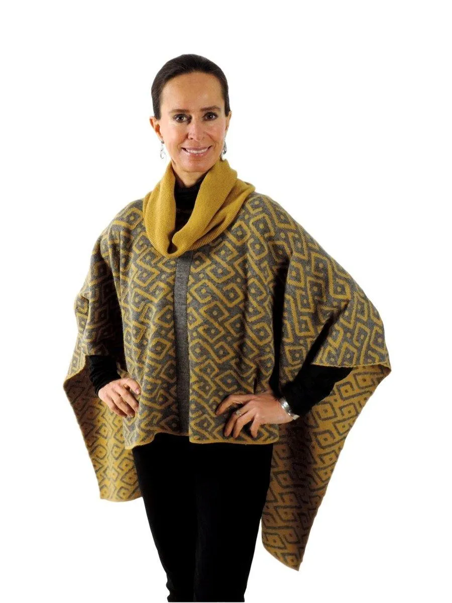 100% Baby Alpaca Reversible Knit Poncho Sweater - Yellow & Grey