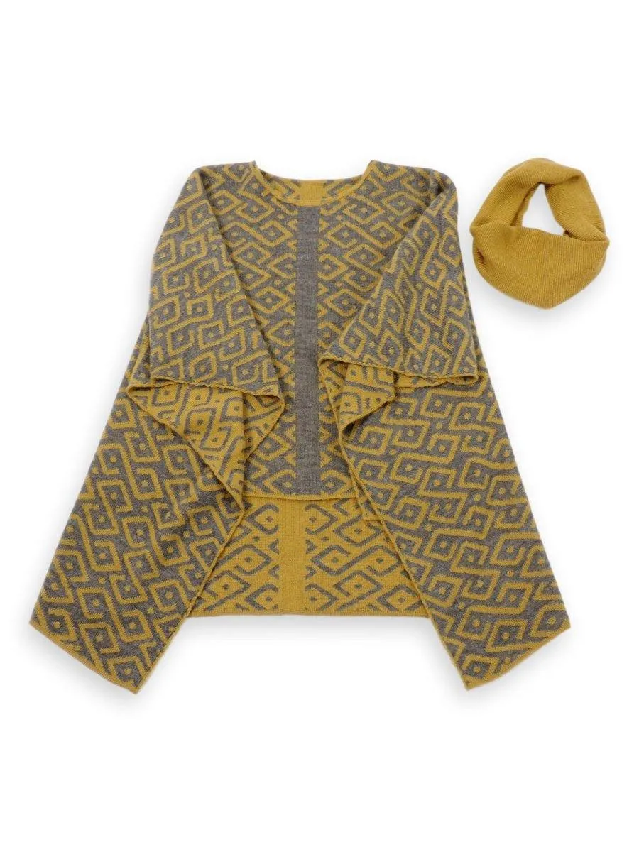 100% Baby Alpaca Reversible Knit Poncho Sweater - Yellow & Grey