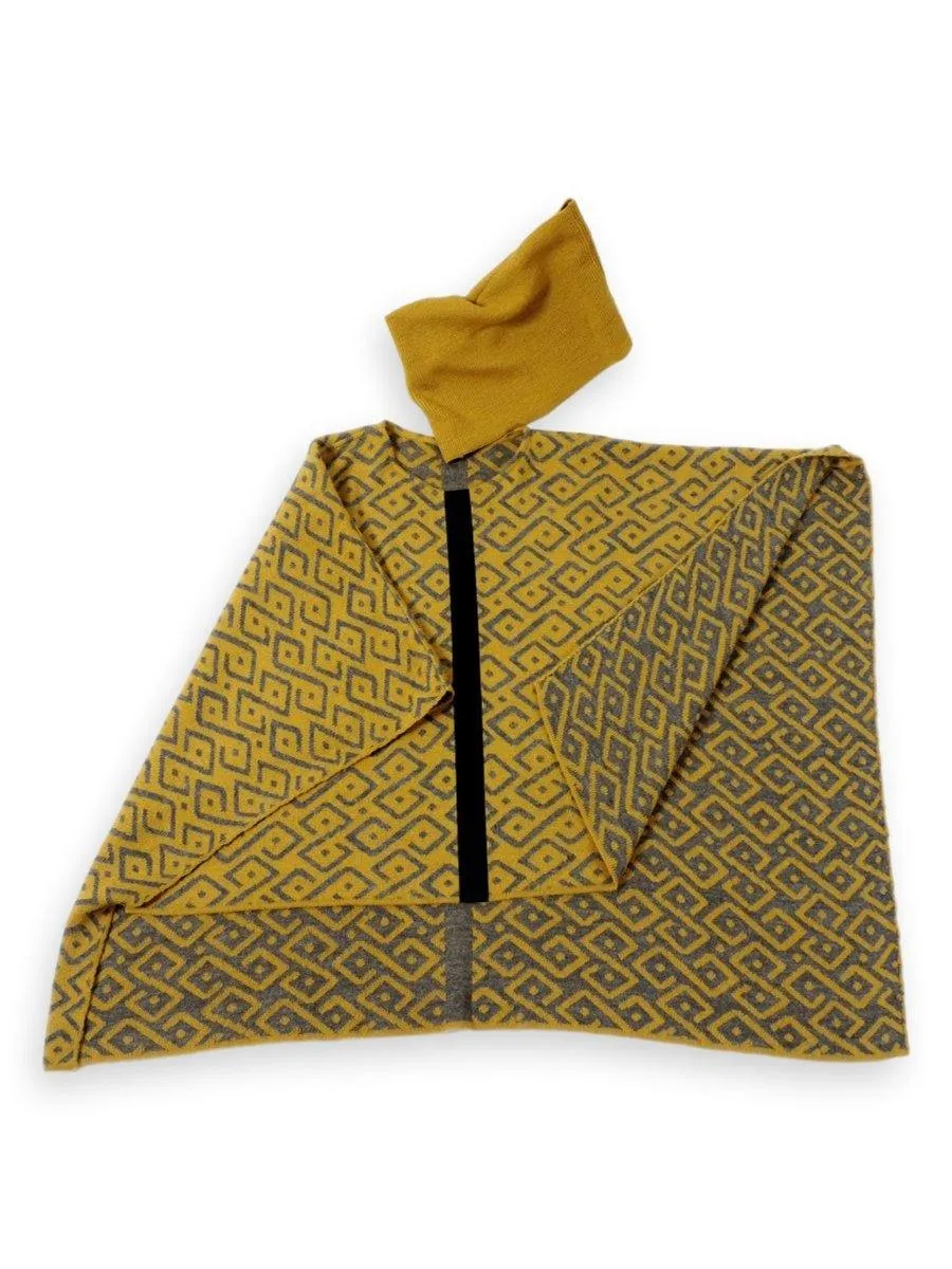 100% Baby Alpaca Reversible Knit Poncho Sweater - Yellow & Grey