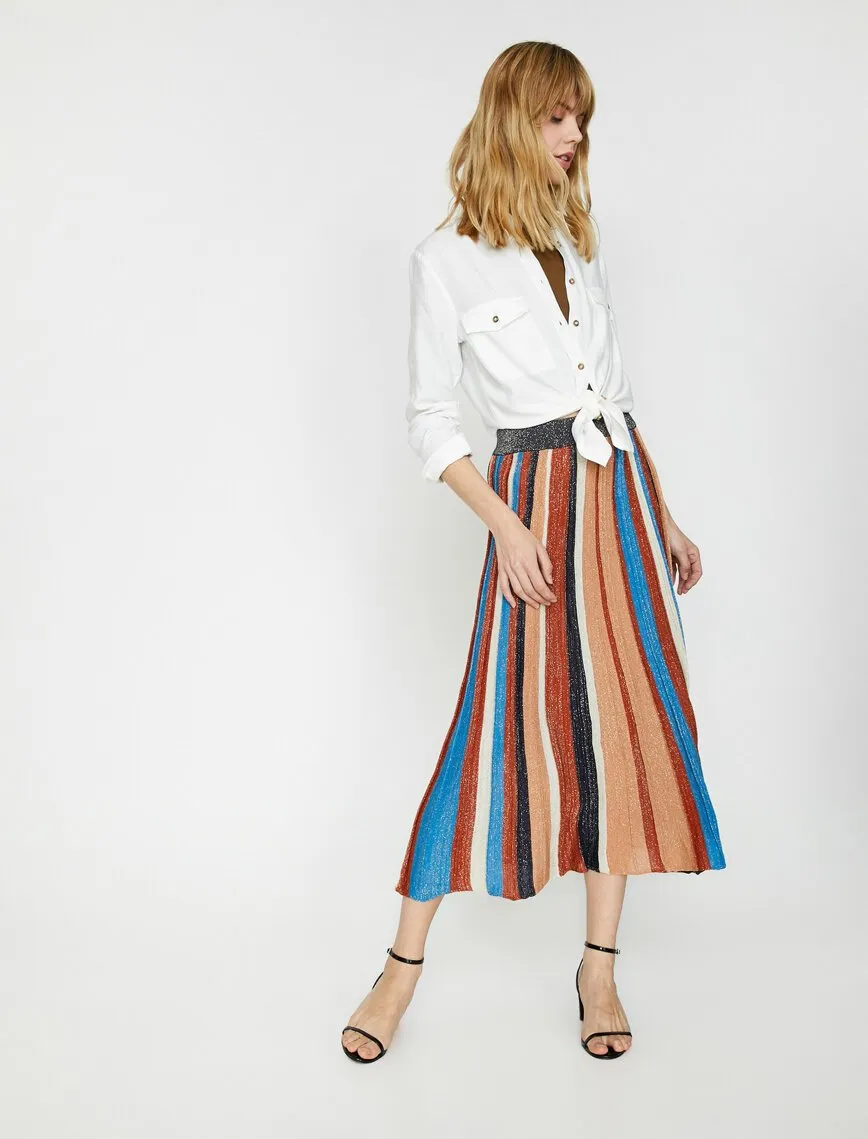 11862 Brown Colour Block Midi Skirt