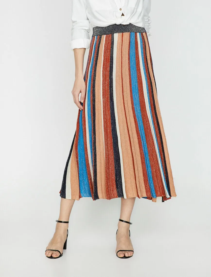11862 Brown Colour Block Midi Skirt