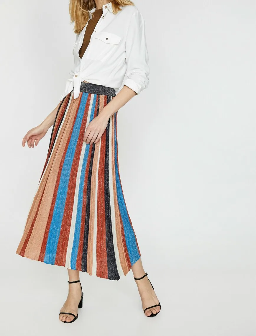 11862 Brown Colour Block Midi Skirt
