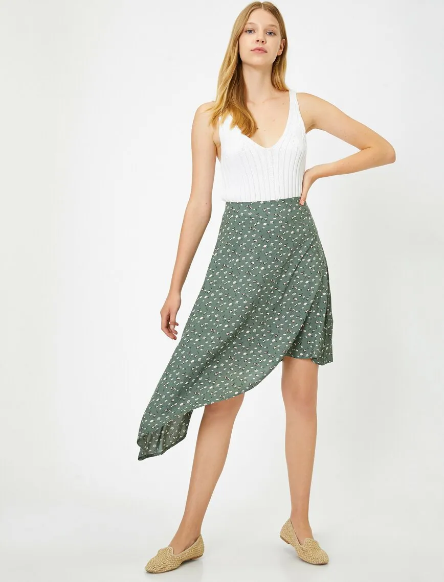 12082 Khaki Asymmetric Midi Skirt