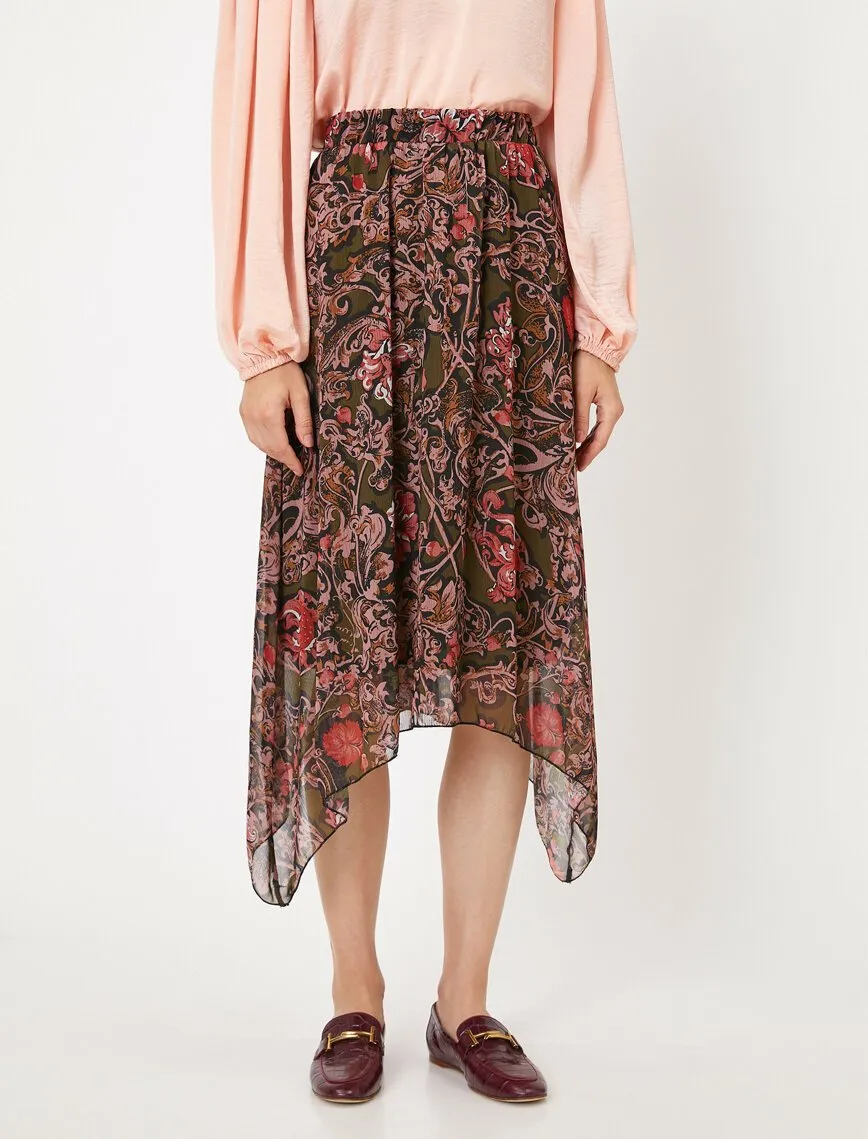 12176 Khaki Floral Midi Skirt