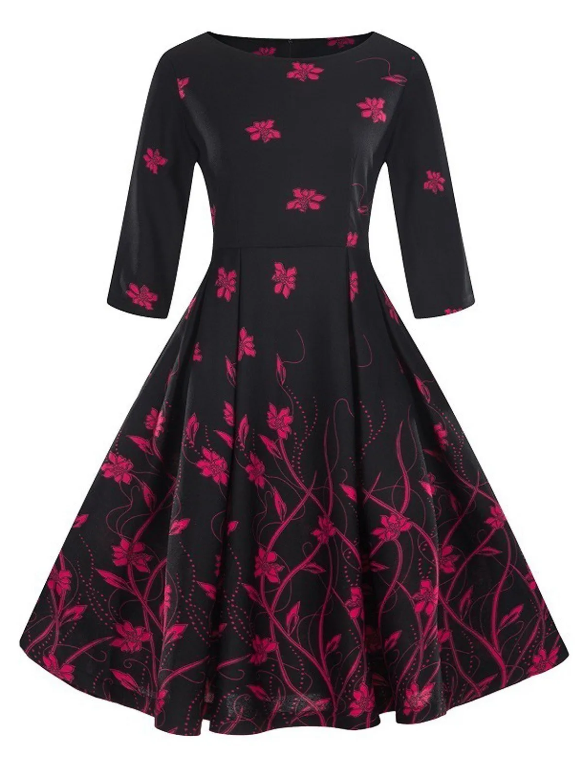 1950s Floral 3/4 Sleeve Swing Dress