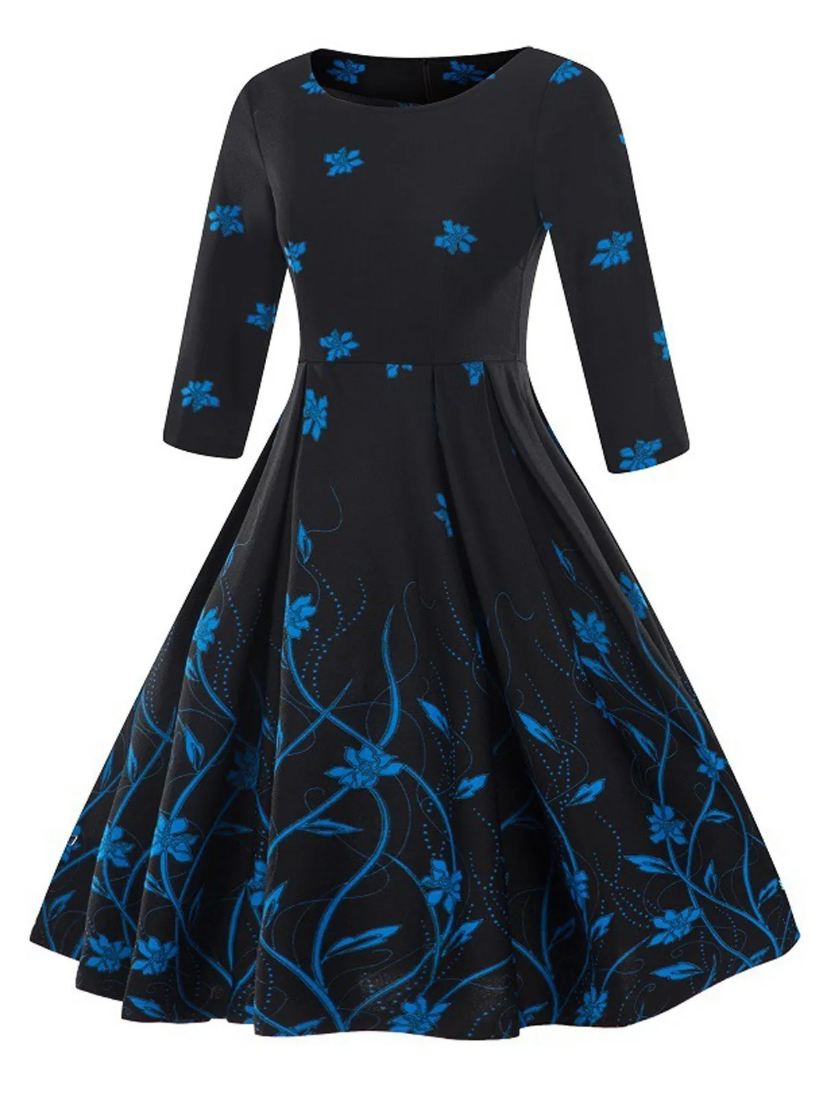 1950s Floral 3/4 Sleeve Swing Dress