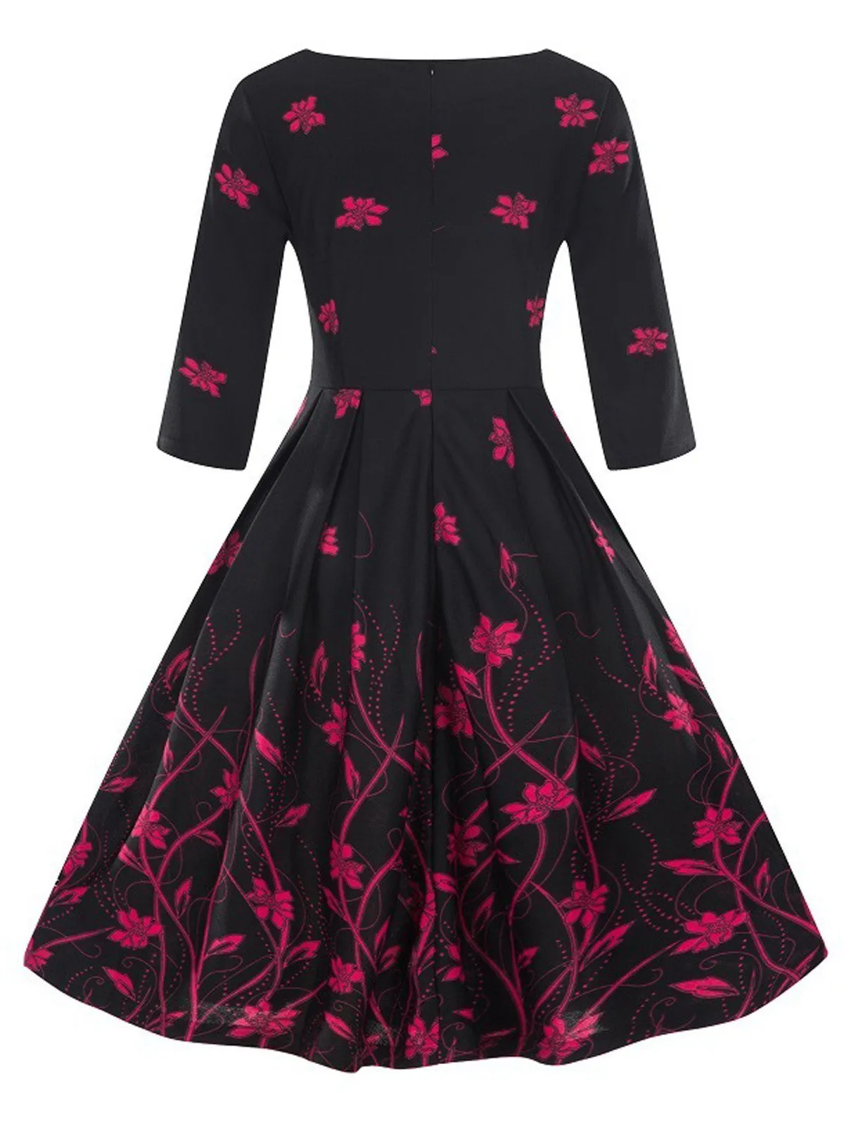 1950s Floral 3/4 Sleeve Swing Dress