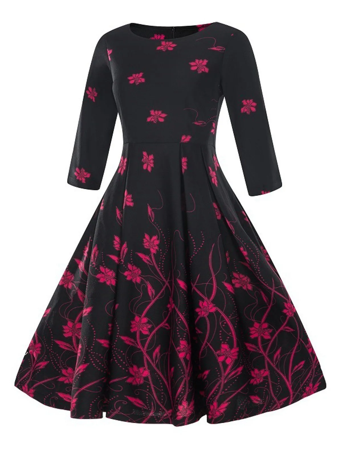 1950s Floral 3/4 Sleeve Swing Dress