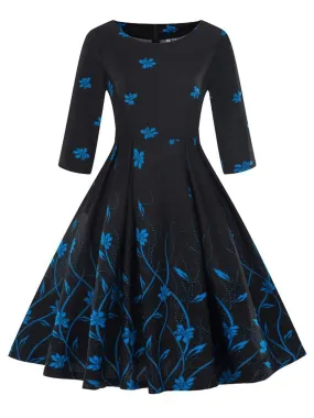1950s Floral 3/4 Sleeve Swing Dress