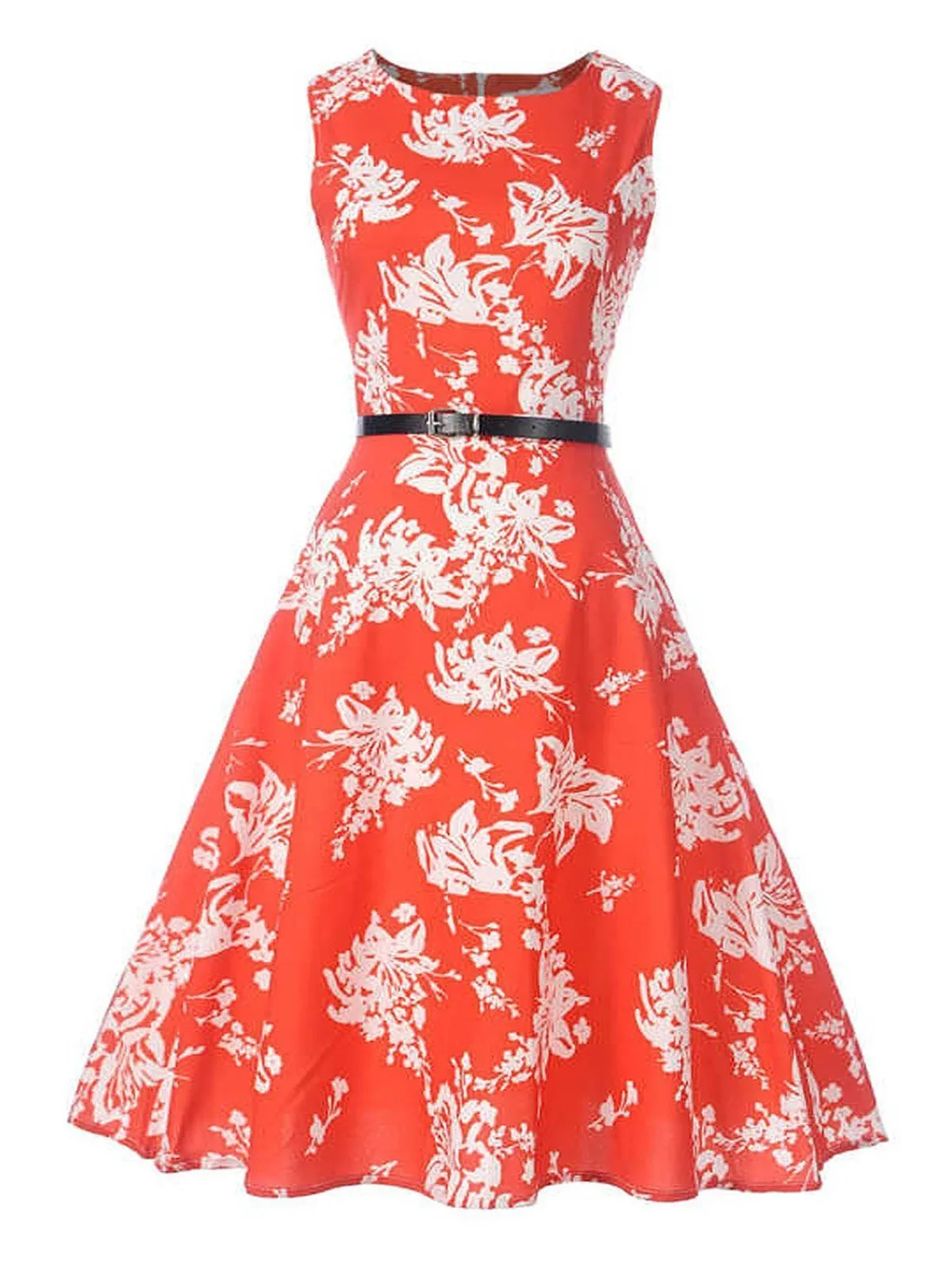 1950s Floral Leaf Bird Swing Dress