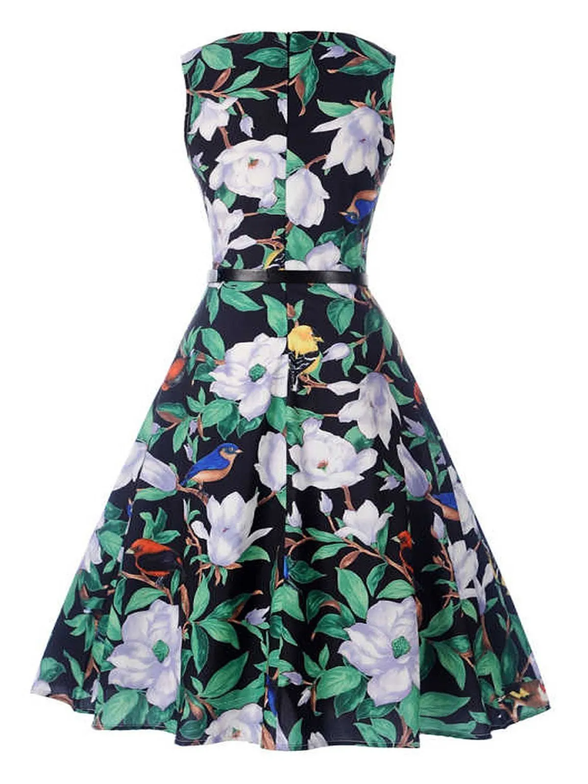 1950s Floral Leaf Bird Swing Dress