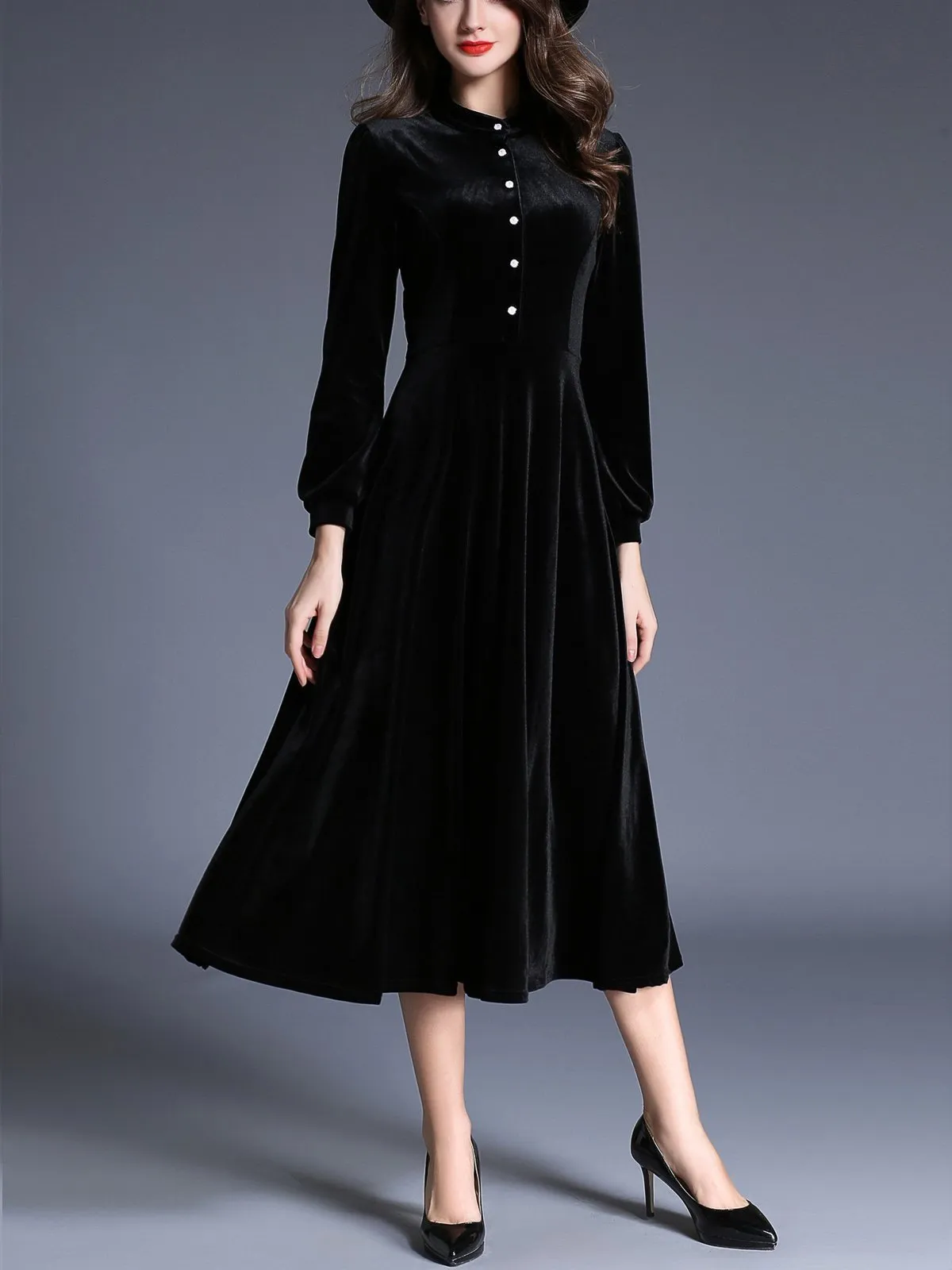 1950s Velvet Solid Pleated Dress