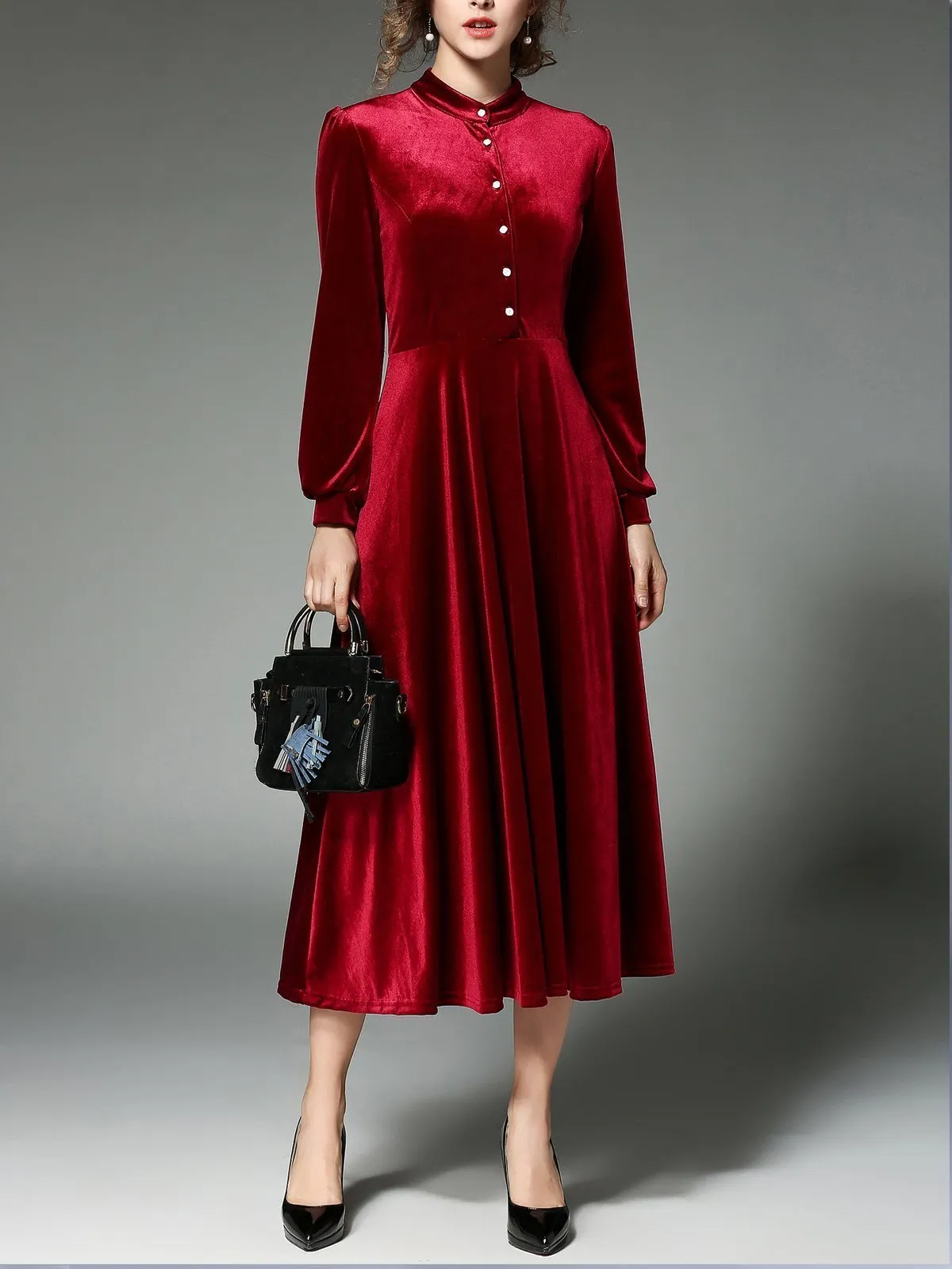 1950s Velvet Solid Pleated Dress