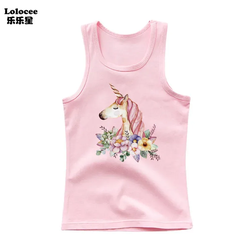 3-14years Girls Flower Unicorn Sleeveless T-shirt Kids Cartoon Singlet Children Cotton Tank Tops Summer Cute Undershirt