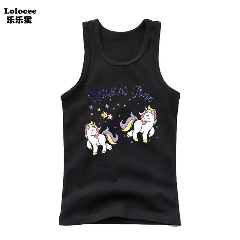 3-14years Girls Flower Unicorn Sleeveless T-shirt Kids Cartoon Singlet Children Cotton Tank Tops Summer Cute Undershirt