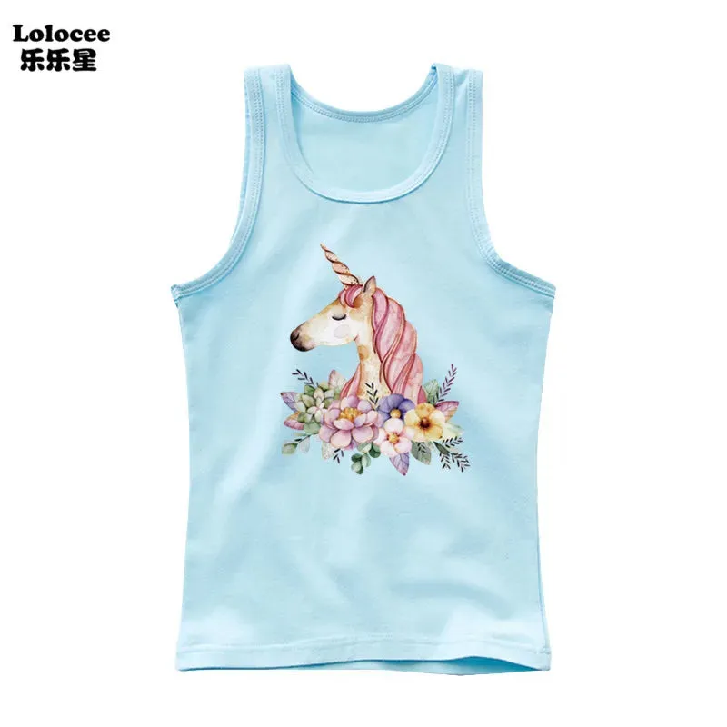 3-14years Girls Flower Unicorn Sleeveless T-shirt Kids Cartoon Singlet Children Cotton Tank Tops Summer Cute Undershirt