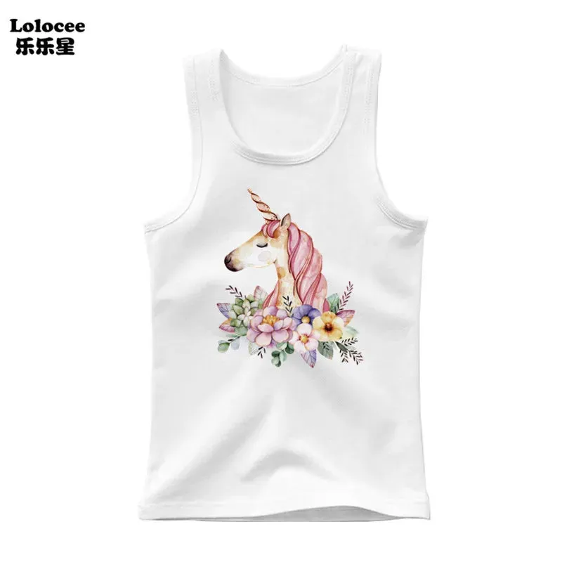 3-14years Girls Flower Unicorn Sleeveless T-shirt Kids Cartoon Singlet Children Cotton Tank Tops Summer Cute Undershirt