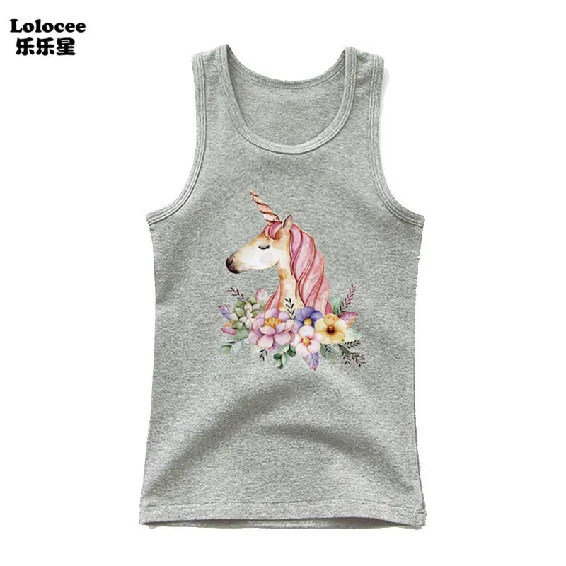 3-14years Girls Flower Unicorn Sleeveless T-shirt Kids Cartoon Singlet Children Cotton Tank Tops Summer Cute Undershirt