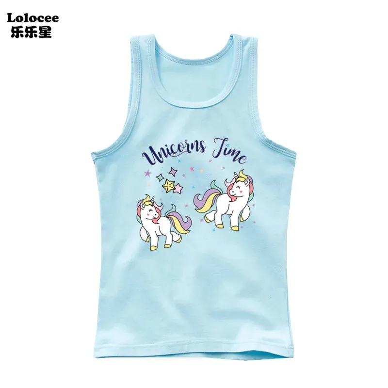 3-14years Girls Flower Unicorn Sleeveless T-shirt Kids Cartoon Singlet Children Cotton Tank Tops Summer Cute Undershirt