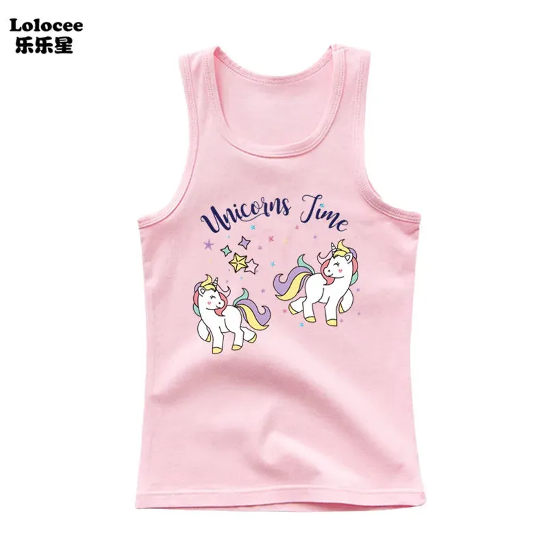 3-14years Girls Flower Unicorn Sleeveless T-shirt Kids Cartoon Singlet Children Cotton Tank Tops Summer Cute Undershirt