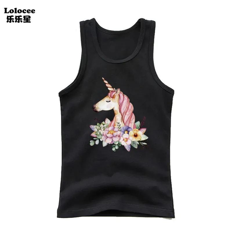 3-14years Girls Flower Unicorn Sleeveless T-shirt Kids Cartoon Singlet Children Cotton Tank Tops Summer Cute Undershirt