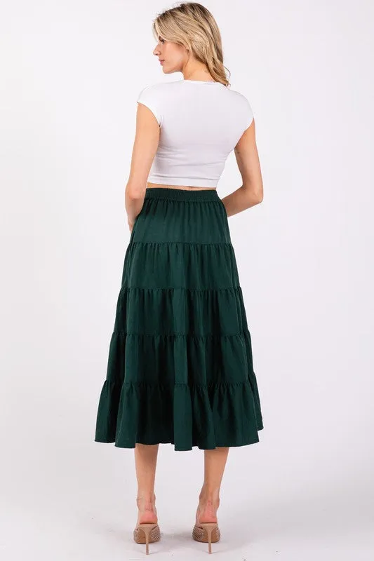 80531 Full Swing Tiered Midi Skirt in Hunter Green