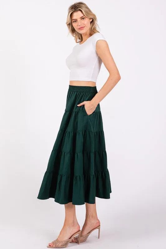 80531 Full Swing Tiered Midi Skirt in Hunter Green