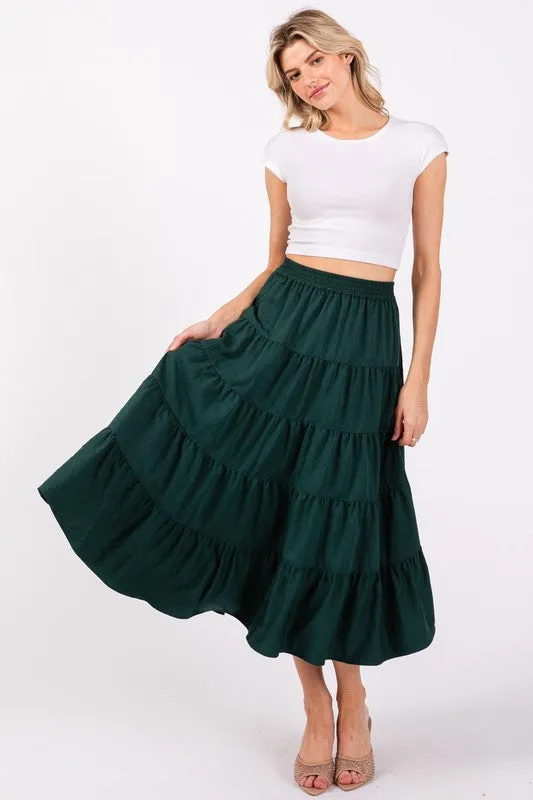 80531 Full Swing Tiered Midi Skirt in Hunter Green