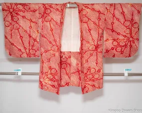 Abstract Flowers Silk Haori - Vintage Red Women's Kimono Jacket - Tie Dye Kanoko Spots Turned Into Floral Pattern - Shibori Budding Flowers