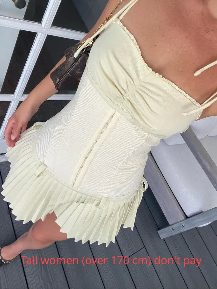Amozae-hoco dresses   Lovely A Line Summer Dress 2024 New Arrivals Cotton Blend Casual Beige Pleated Dress Mini Sexy Holiday Dress Women