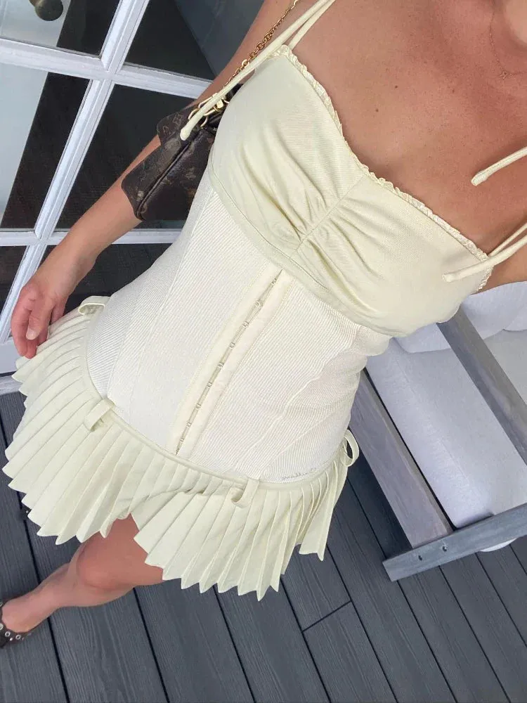 Amozae-hoco dresses   Lovely A Line Summer Dress 2024 New Arrivals Cotton Blend Casual Beige Pleated Dress Mini Sexy Holiday Dress Women