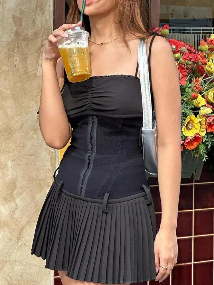 Amozae-hoco dresses   Lovely A Line Summer Dress 2024 New Arrivals Cotton Blend Casual Beige Pleated Dress Mini Sexy Holiday Dress Women