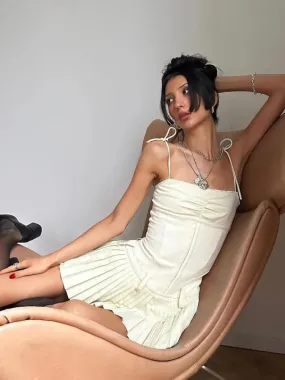 Amozae-hoco dresses   Lovely A Line Summer Dress 2024 New Arrivals Cotton Blend Casual Beige Pleated Dress Mini Sexy Holiday Dress Women