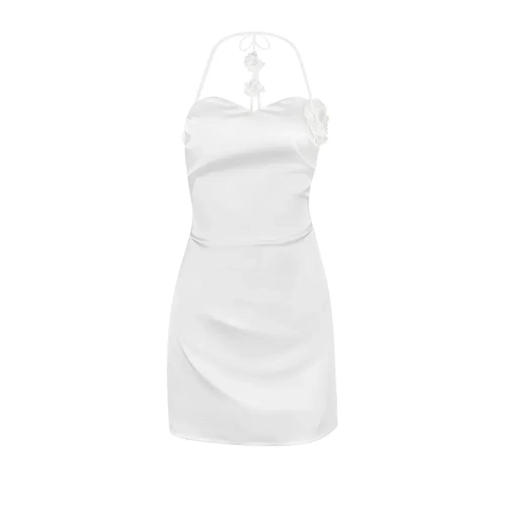 Amozae-hoco dresses  Summer White Appliques Party Dress Mini A Line Satin Halter Dress Sexy Strechy Women Dress 2024 New Arrivals