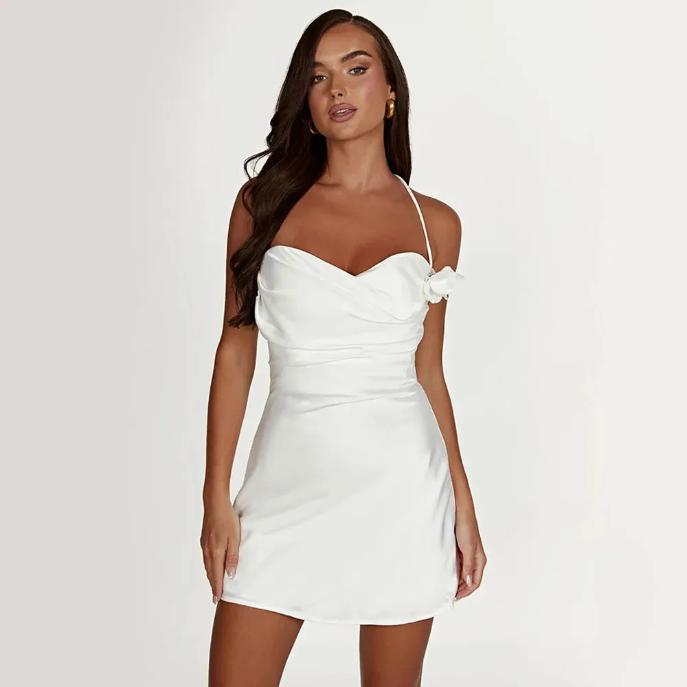 Amozae-hoco dresses  Summer White Appliques Party Dress Mini A Line Satin Halter Dress Sexy Strechy Women Dress 2024 New Arrivals
