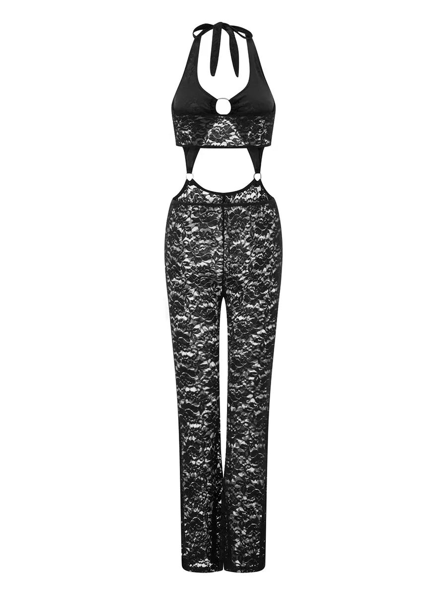 Amozae-Women's Summer Romper Sleeveless Halter Metal Ring Front Lace Jumpsuit Pants Flare Playsuit Internet celebrity circular jumpsuit