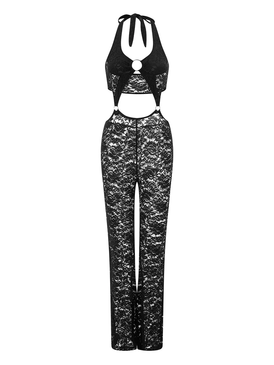 Amozae-Women's Summer Romper Sleeveless Halter Metal Ring Front Lace Jumpsuit Pants Flare Playsuit Internet celebrity circular jumpsuit
