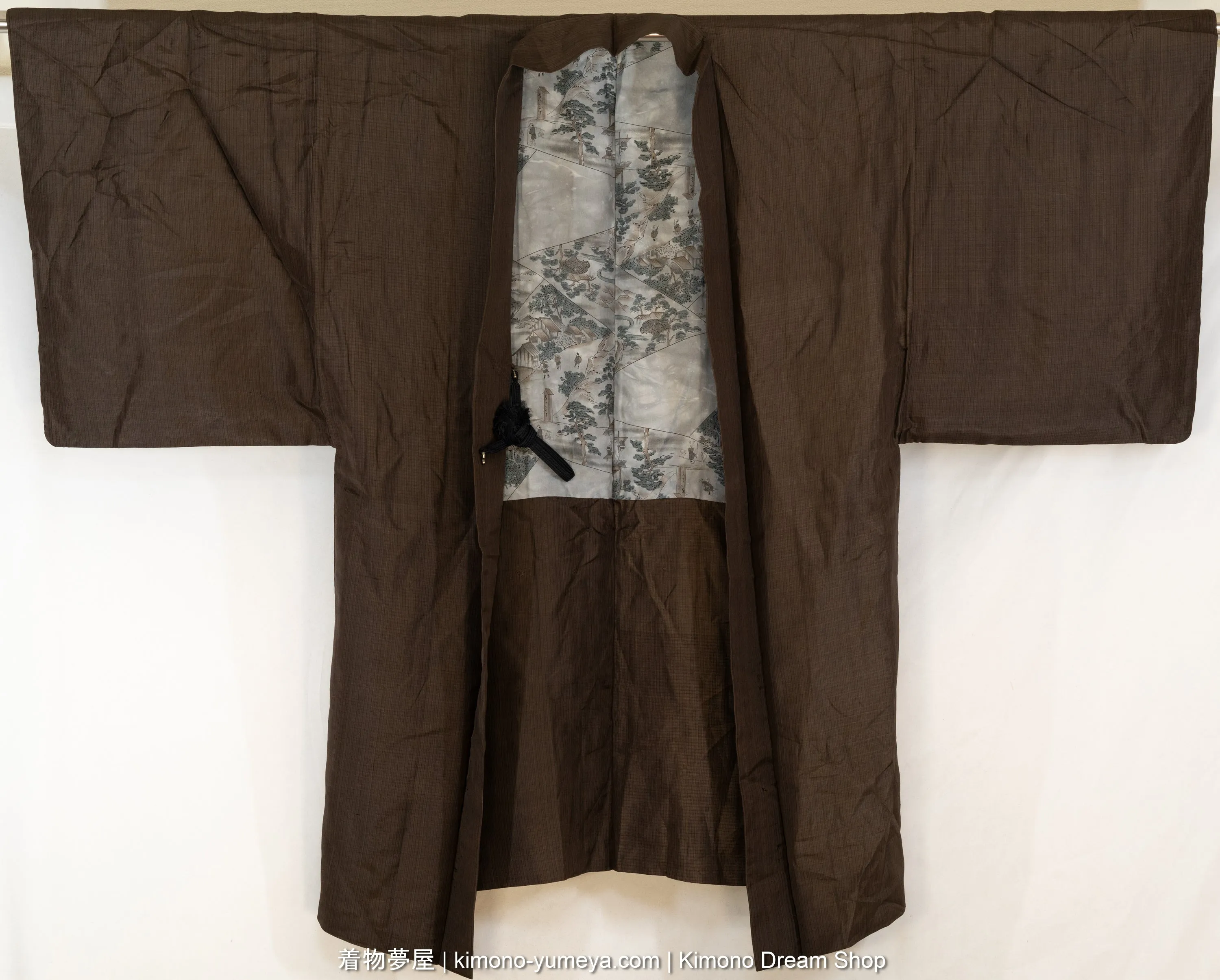 Antique Men's Haori with Koushi Pattern - Vintage Silk Kimono Jacket from Early 1900s - Brown with Black Stripes - Traditional Japanese Clothing