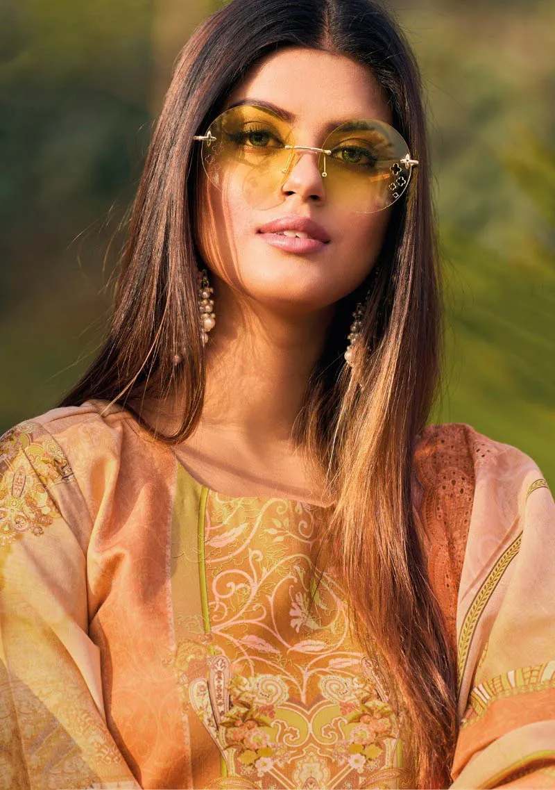 Aqsa Lawn Cotton Pakistani Print Unstitched Suit with Embroidery Orange