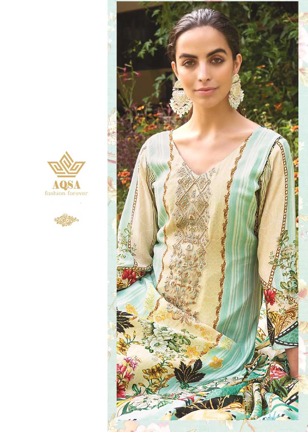 AQSA Unstitched Cotton Pakistani Salwar Suit Material with Embroidery