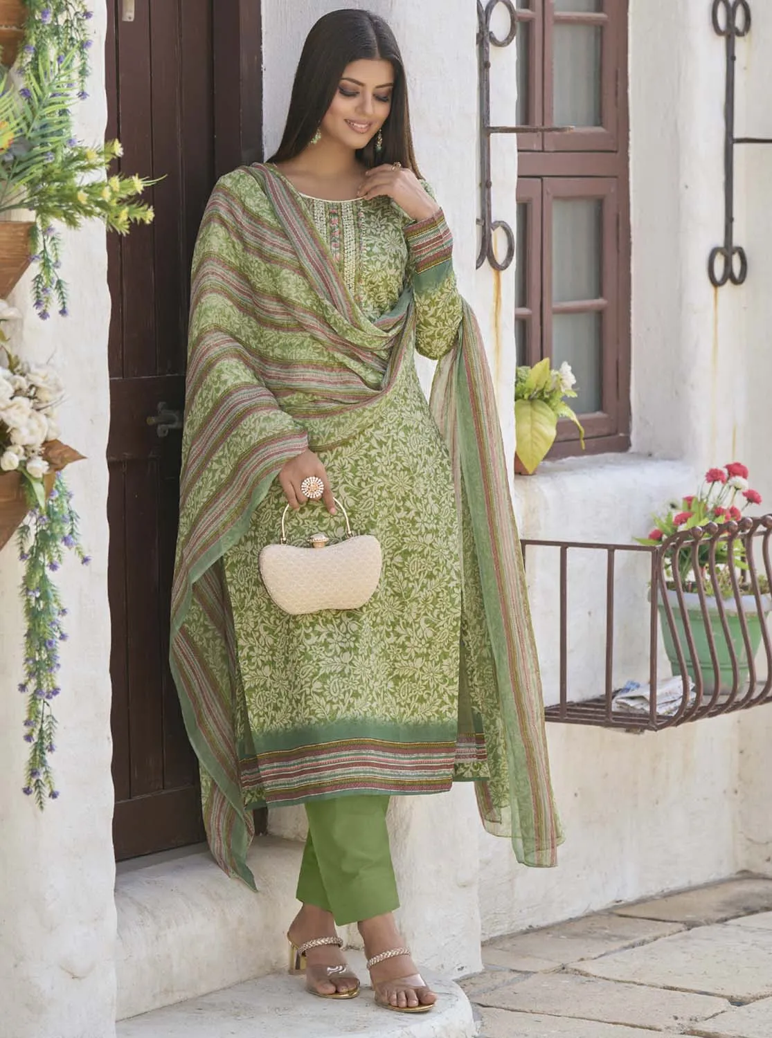 Aqsa Unstitched Cotton Suit Fabric Material with Dupatta Green