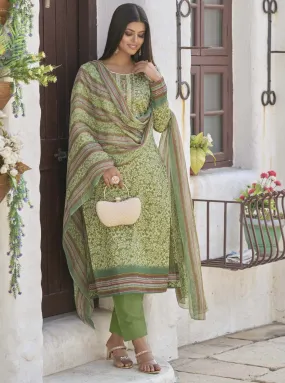 Aqsa Unstitched Cotton Suit Fabric Material with Dupatta Green