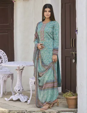 Aqsa Unstitched Cotton Suit Fabric Material with Dupatta Teal Blue
