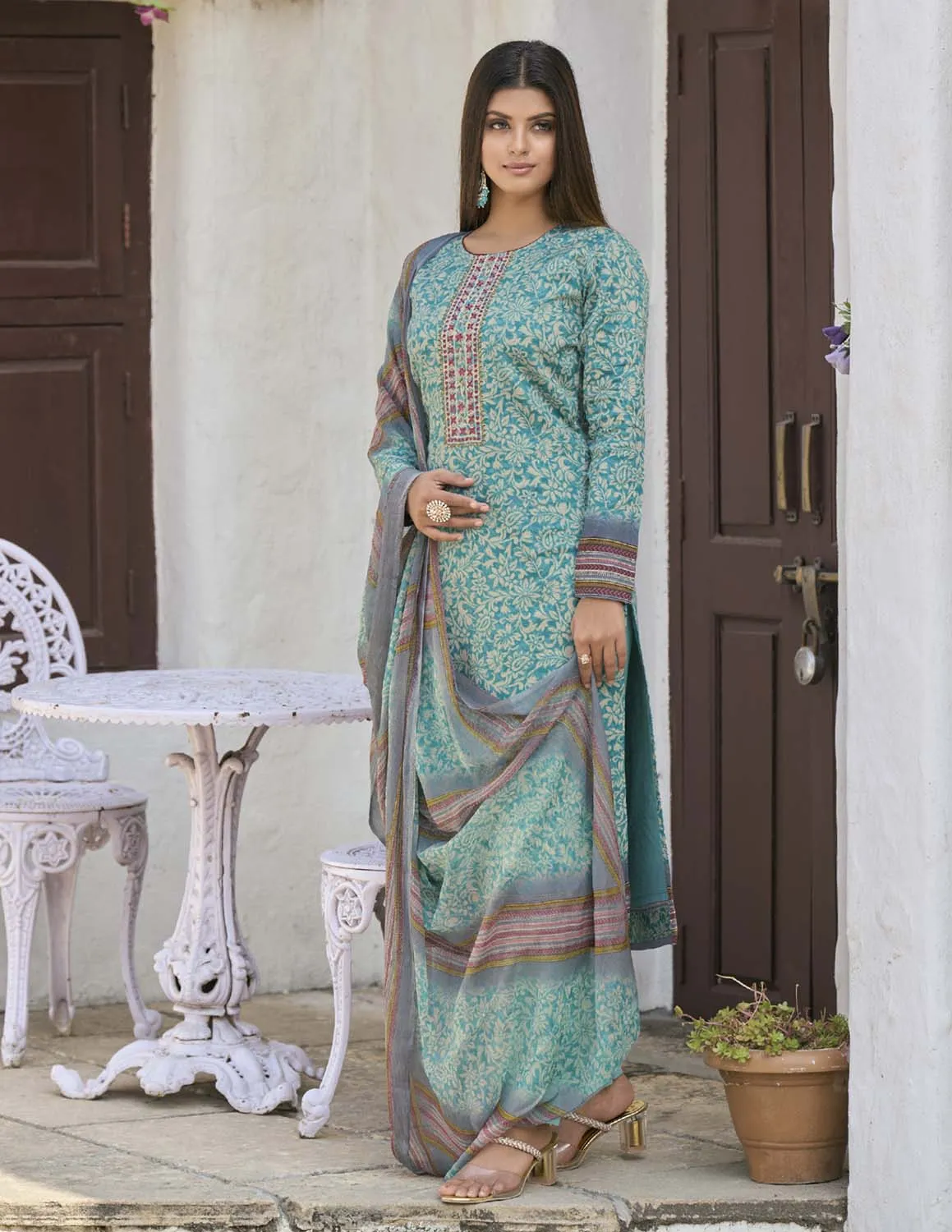 Aqsa Unstitched Cotton Suit Fabric Material with Dupatta Teal Blue