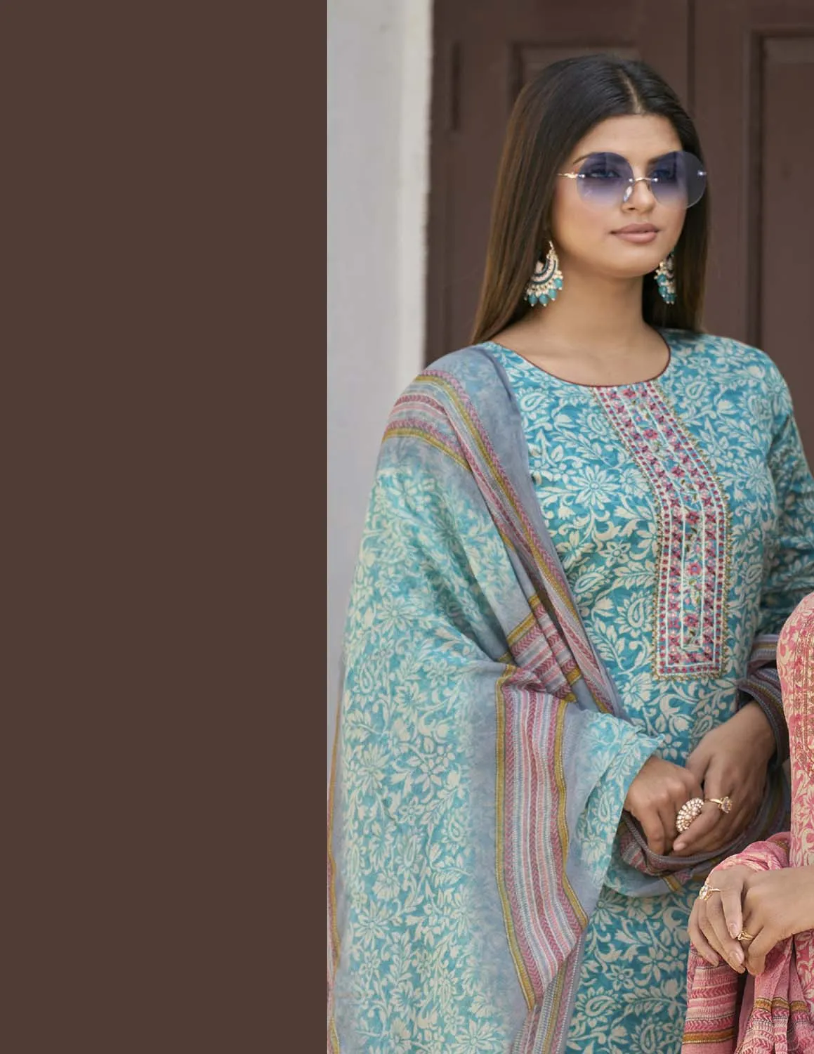 Aqsa Unstitched Cotton Suit Fabric Material with Dupatta Teal Blue