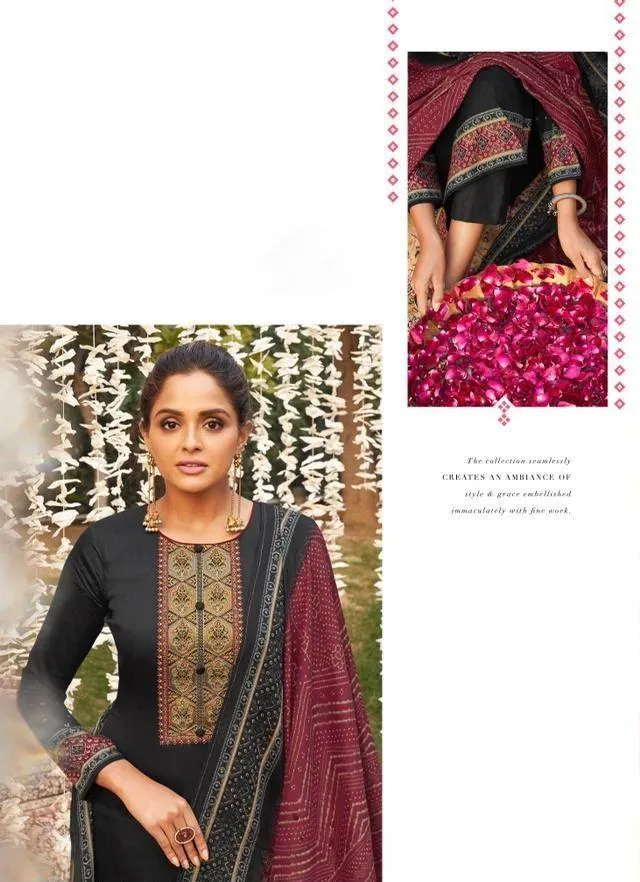 Bandhani Black Digital Printed Designer Dress Material with Neck Embroidery