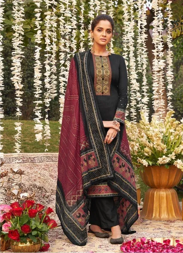 Bandhani Black Digital Printed Designer Dress Material with Neck Embroidery
