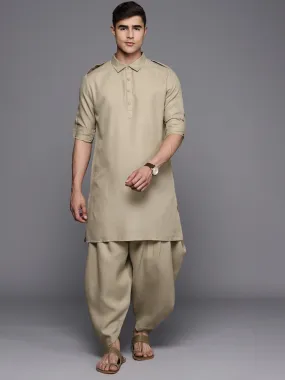 Beige Linen Pathani Kurta with Dhoti Pants