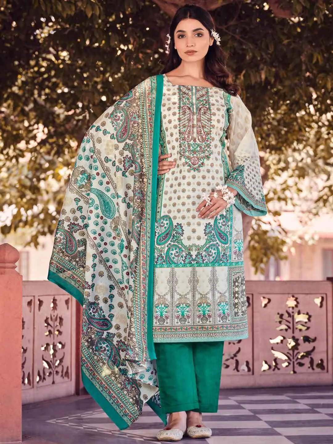 Belliza Pakistani Print Unstitched Cotton Suit Material with Embroidery