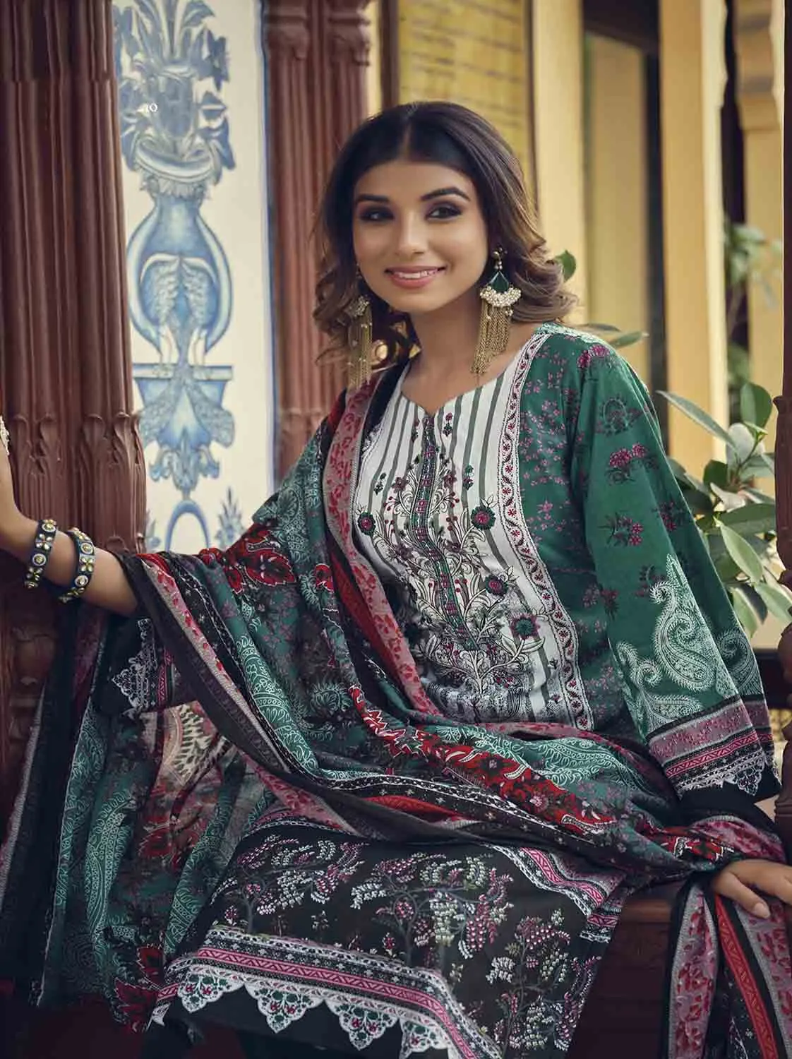Belliza Pakistani Print Unstitched Cotton Suits with Dupatta Green
